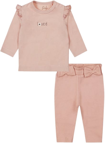 Dirkje - Basic Collection - BIO COTTON - Broekje Light Dusty Pink en shirt met roesje - Maat 74