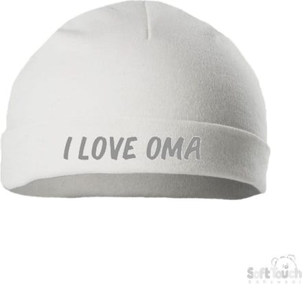 Soft Touch Mutsje Rolmutsje Bedrukt "I Love Oma" Wit/grijs Maat New Born Maat 56