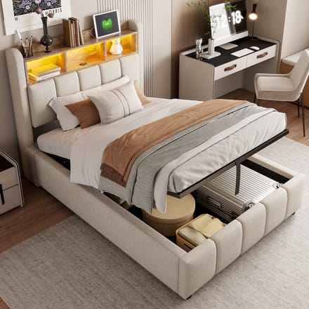 REDOM opbergbed 90x200 cm – Linnen, LED-hoofdbord, USB/Type-C, hydraulisch – Beige