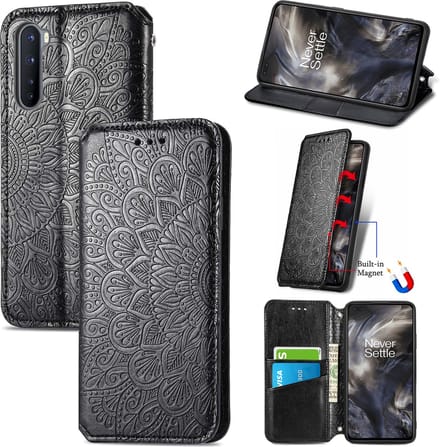 Luxe PU Lederen Blooming Mandala Reliëfpatroon Wallet Case + Glas Screenprotector voor OnePlus Nord 5G _ Zwart