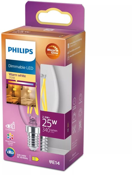 Philips LED spot Classic Candle 2.5W/922-927 (25W) Clear WarmGlow Dimmable E14