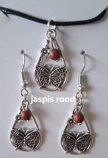Set "Jaspis Rood" Waterdruppel / Vlinder Ketting / Armband
