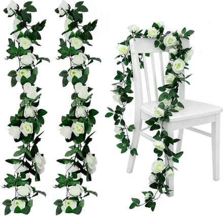 SnelShoppen - 2 Pack Kunstbloemen Slinger Witte Rozen Klimop Hangen Decoratie voor Bruiloft Tuin Feest