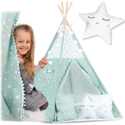 Tipi-tent voor kinderen met verlichting - mint met sterren