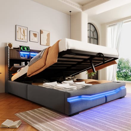 MODFU Bedframe – 140x200 cm – Gestoffeerd linnen – Met opbergruimte & LED – Grijs