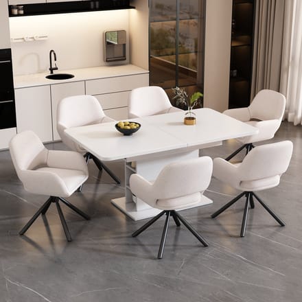 REDOM - Set Van 6 Eetkamerstoelen - Draaibaar Met Armleuningen - Modern - Sherpa - Wit