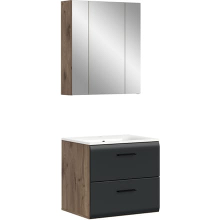Badcombinatie met Wastafel en Spiegelkast - Zwart Mat en Eiken Look - 60 cm