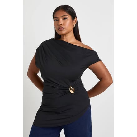 boohoo Dames Plus Gouden Afwerking Schouderloze Top | Zwart | Maat: 46