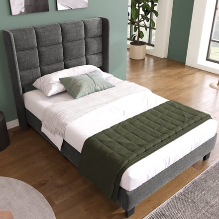 REDOM Bedframe 90x200 cm – Linnen – Hoog hoofdbord – Lattenbodem – Grijs – 100 kg