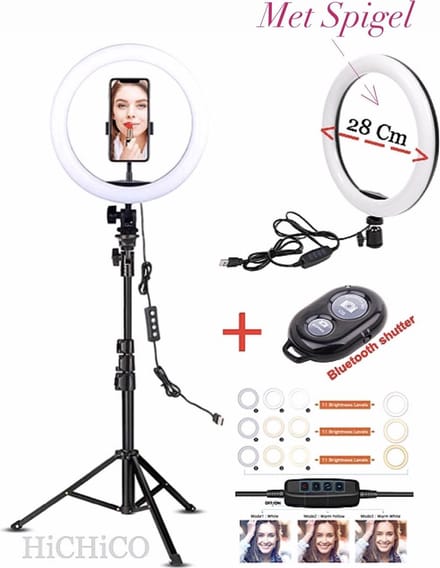 Ringlamp - Tripod Camera Statief 2M met Ring Lamp, LED Ring Light 10inch Inclusief Bluetooth shutter en Achter en-Voorkant Spiegel – HiCHiCO®