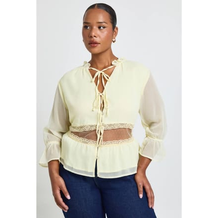 boohoo Dames Plus Crinkle Chiffon Blouse Met Kanten Inzet | Citroen | Maat: 44