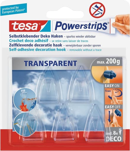 Tesa powerstrips deco haken - 10x stuks - transparant - kunststof - zelfklevend