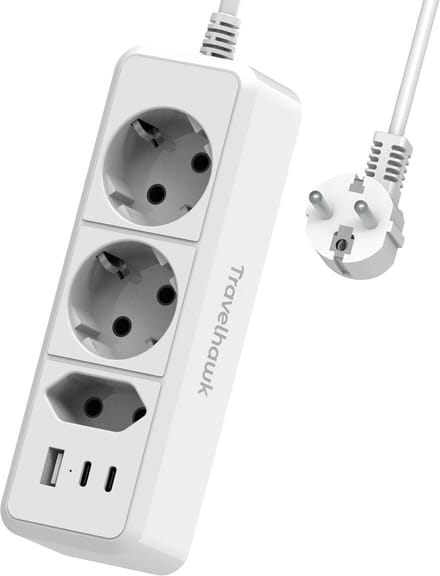 Travelhawk Verlengsnoer - Stekkerdoos - 1.5m Verlengkabel - Met 1x USB-A en 2x USB-C - Verdeeldoos - Horizontaal - Wit