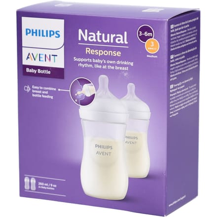 Lot de 2 biberons - PHILIPS AVENT- Natural 3.0 - Anti-colique - 260 ml - AirFree - Tétine imitant la forme du sein - Blanc
