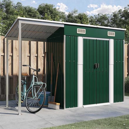 vidaXL - Tuinschuur - met - verlengd - dak - 277x107x181 - cm - staal - groen