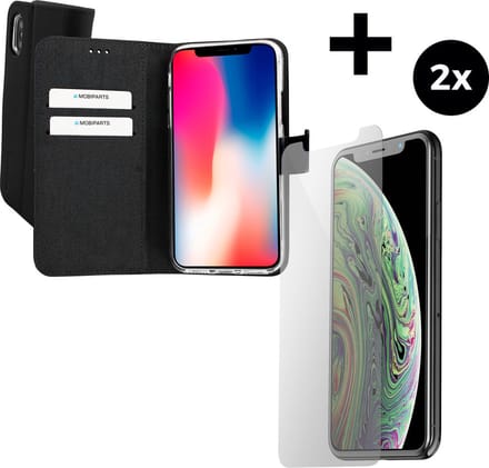 Mobiparts Premium Wallet hoesje geschikt voor Apple iPhone X met 2 Screenprotectors van Gehard Glas - Zwart