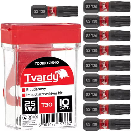 Tvardy Impact bit T30 - S2 staal - 25mm - Magnetische tip - Set van 10 stuks