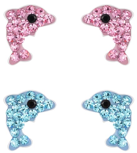 Joy|S - Zilveren dolfijn oorbellen - set 2 paar - roze blauw