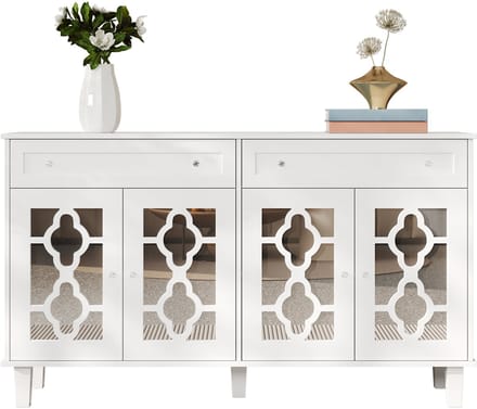 Dressoir - 140x40x83 cm - Spiegel Dressoir Met 4 Spiegelturen - 2 Lades - Verstelbare Legplanken - MDF - Wit