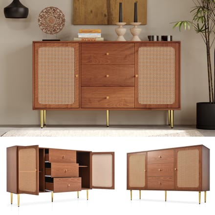 Ladenkast - H90xB150xD40 cm - 3 Laden + 2 Deuren - Verstelbare Planken - Rattan - Noten