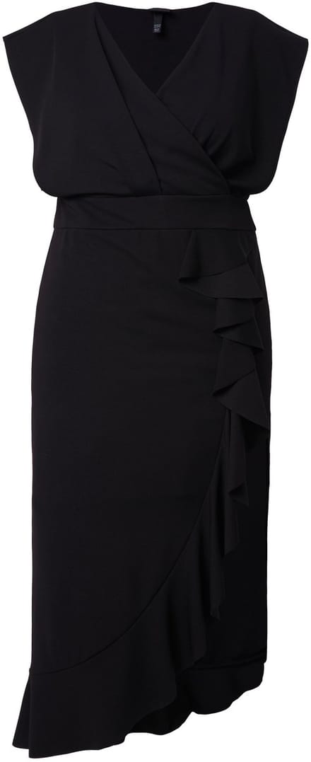 Ulla Popken - Dames - Jersey maxi-jurk ruche V-hals mouwloos - Zwart - Maat 54