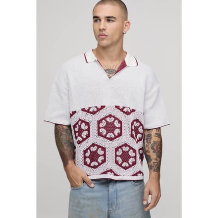 Oversized Boxy Spliced Crochet Tapestry Knitted Polo T-Shirt | Taupe | Size Medium