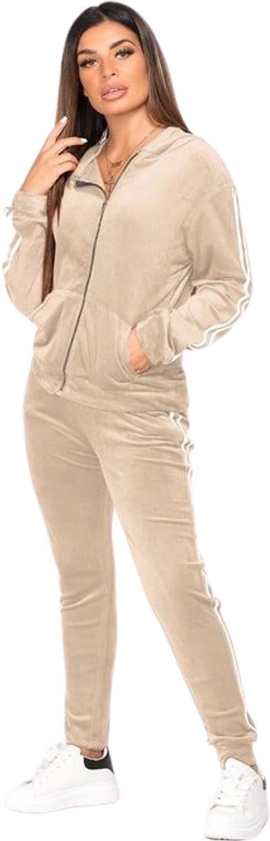 Premium Dames Trainingspak / Tracksuit / Joggingspak | Sport kleding | Beige-Wit - M