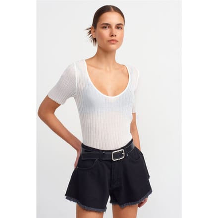 Slim Fit Geribbelde Vierkante Hals Sweater