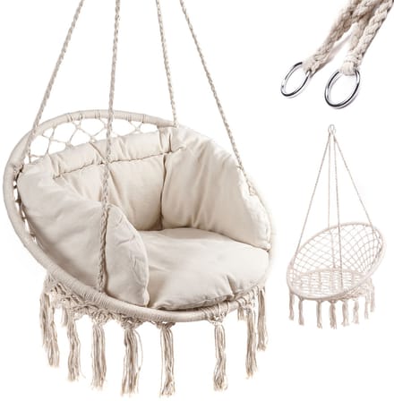 MOZY® - Hangstoel - tot 150 kilo - Beige - met Kussen - 80 x 74 cm - Macrame - Schommelstoel