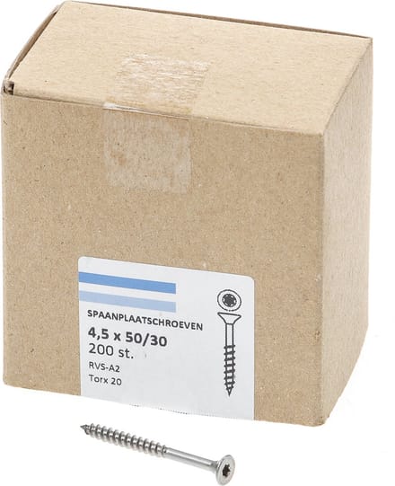 Hoenderdaal Spaanplaatschroef RVS platverzonken kop TX20 deeldraad 4.5X50/30 (per 200 stuks)