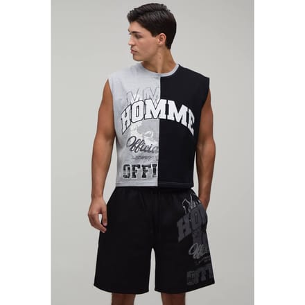 Boxy Length Spliced Homme Applique Tank & Baggy Short Set | Grey Marl | Size Medium