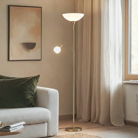 Lindby - vloerlamp - 2lichts - Metaal, glas - H: 182.5 cm - E27 - messing, wit, opaal wit