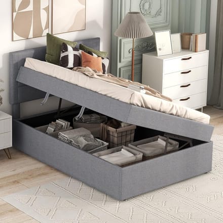 Gestoffeerd Eenpersoonsbed met Bedlade en Lattenbodem 90x200 cm Grijs