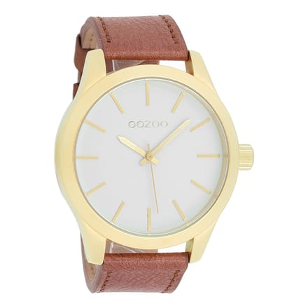 OOZOO Timepieces - Goudkleurige horloge met bruine leren band - C8557