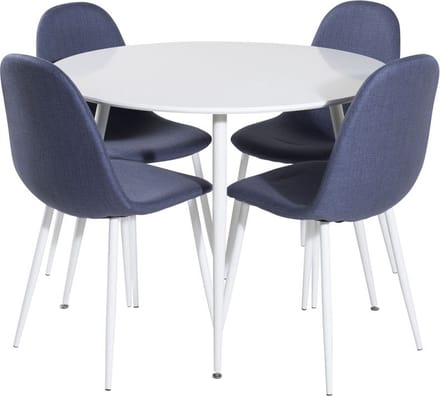 PlazaWHWH100 eethoek eetkamertafel wit en 4 Polar eetkamerstal blauw, wit.