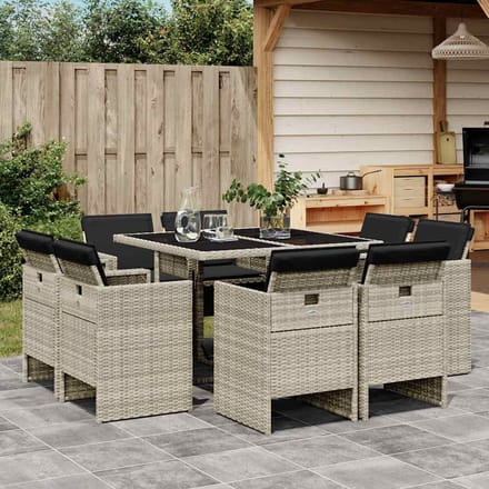 vidaXL - 9-delige - Tuinset - met - kussens - poly - rattan - lichtgrijs