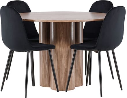 Olivia eethoek tafel Ø110cm en 4 velours stoelen bruin.