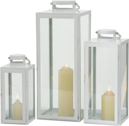 Windlicht / lantaarn set van 3. Wit metaal