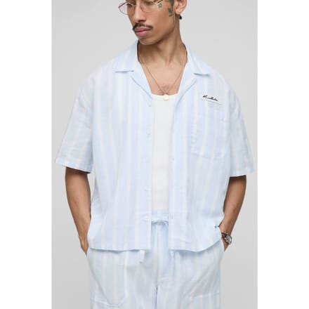 Oversized Boxy Linnen Look Streep Zak Detail Overhemd | Light Blue | Size Medium
