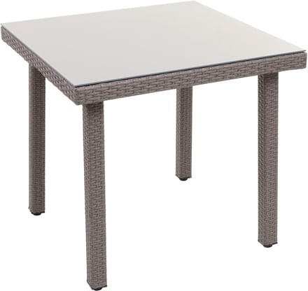 Polyrotan tuintafel Cava, eettafel bijzettafel tafel met glazen blad, 80x80cm ~ grijs