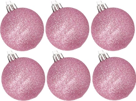 6x stuks kunststof glitter kerstballen roze 8 cm - Onbreekbare plastic kerstballen