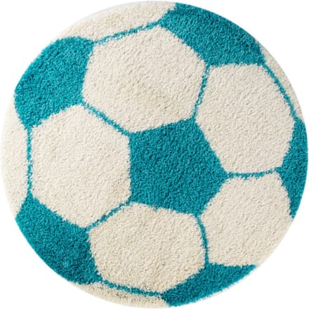 Fun Voetbal Kinderkamer Rond Vloerkleed Hoogpolig Turquoise Wit- 120 CM Ø