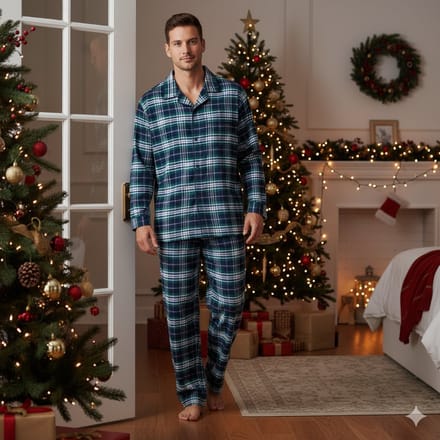 La V Flanel pyjamaset voor heren met geruit patroon Donkerblauw/Groen M