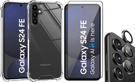 Hoesje geschikt voor Samsung Galaxy S24 FE - Screenprotector Volledig Dekkend Glas & Camera Protector - Shockproof Transparant
