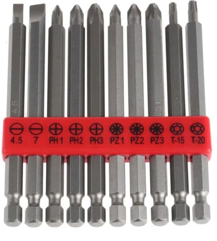 10-delige lange bitjes set- Schroevendraaier / schroeftol bits - 15cm - PZ, PH en Torx - CR-V staal - Screwdriver bits set - Klusgereedschap - Jonyx