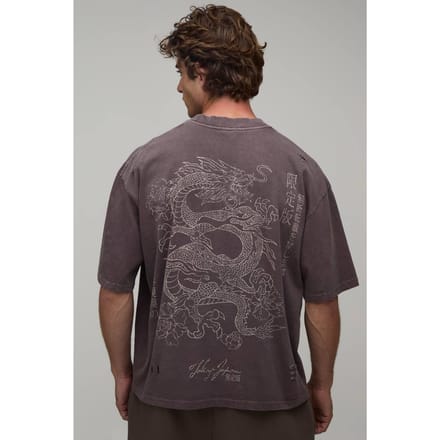 Verwassen Chocoladebruin Oversized Boxy T-shirt Met Drakenprint En Distressed Look | Washed Chocolate | Size Medium