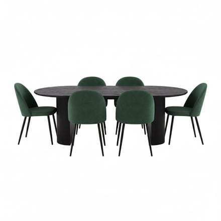 Kyoto eethoek eettafel donkerbruin, 6 stoelen met groene velours bekleding.