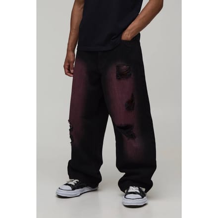 Roze Getinte Gescheurde & Gerepareerde Baggy Fit Jeans | Pink | Size 44R