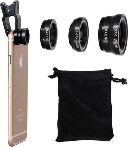 Universeel Smartphone Lens  -  3 opzetstukken - Fish eye  - 0,67x wide  - Macro