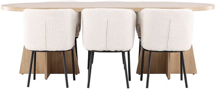 Bootcut eethoek tafel 115x230cm en 6 bouclé stoelen naturel.
